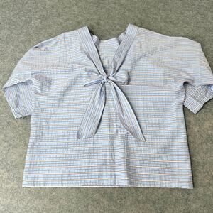 Maje Women's Striped Short Sleeve Blouse Top Blue Bow on Back Size EU 3/US Large